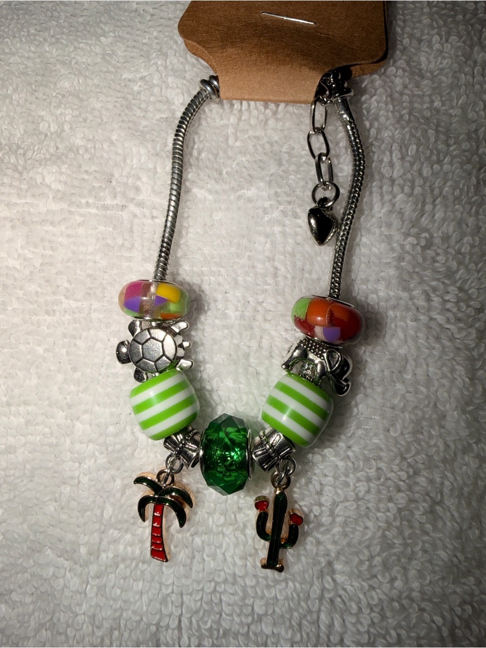 Green Beaded Charm Bracelet with Tropical Accents